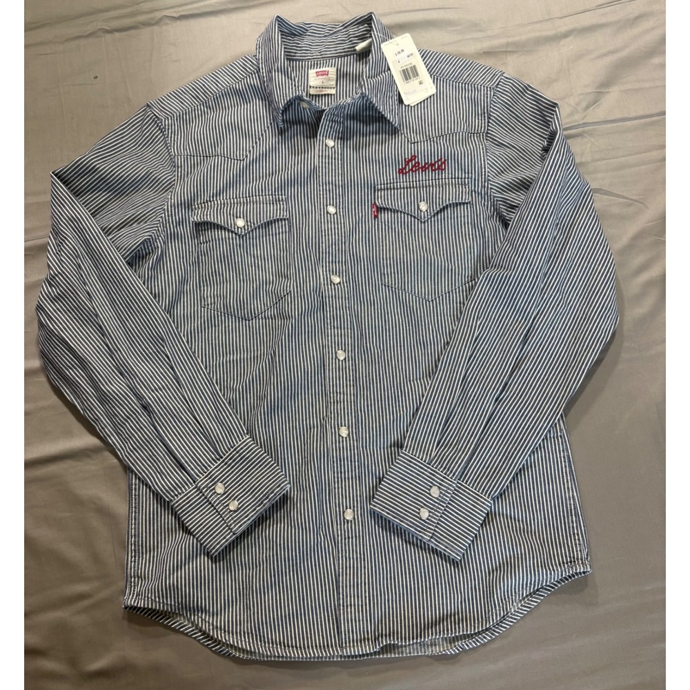 Levis Mens Hickory Stripe Western Snap Shirt Blue White 85745-0236 Small NWT